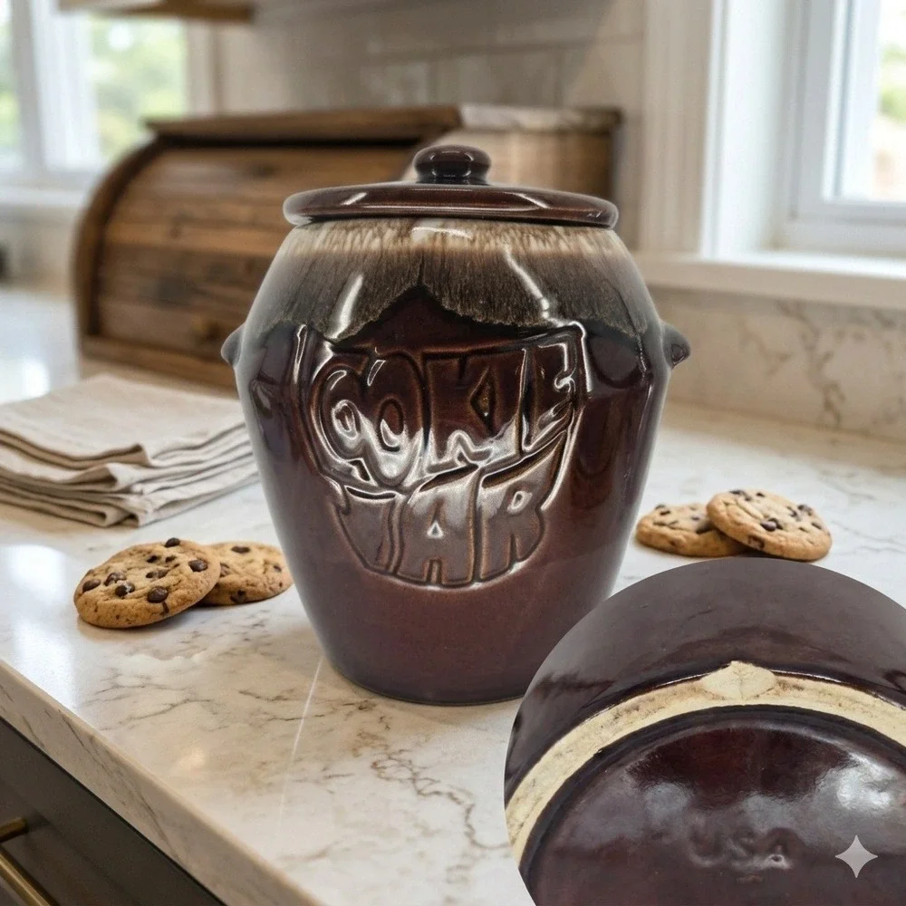 Vintage McCoy USA Pottery Brown Drip Glaze Cookie Jar Lidded Bean Pot - Chipped